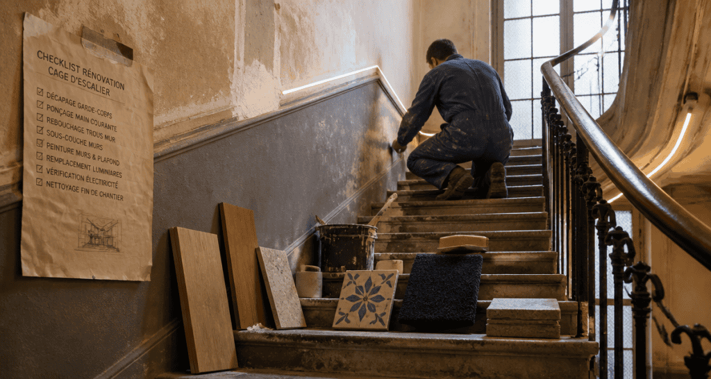 artisan rénovant cage d'escalier immeuble haussmannien matériaux checklist