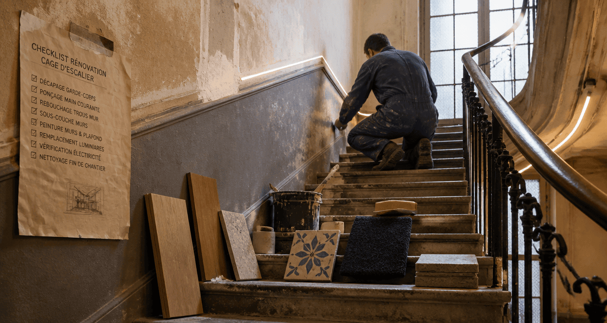 artisan rénovant cage d'escalier immeuble haussmannien matériaux checklist