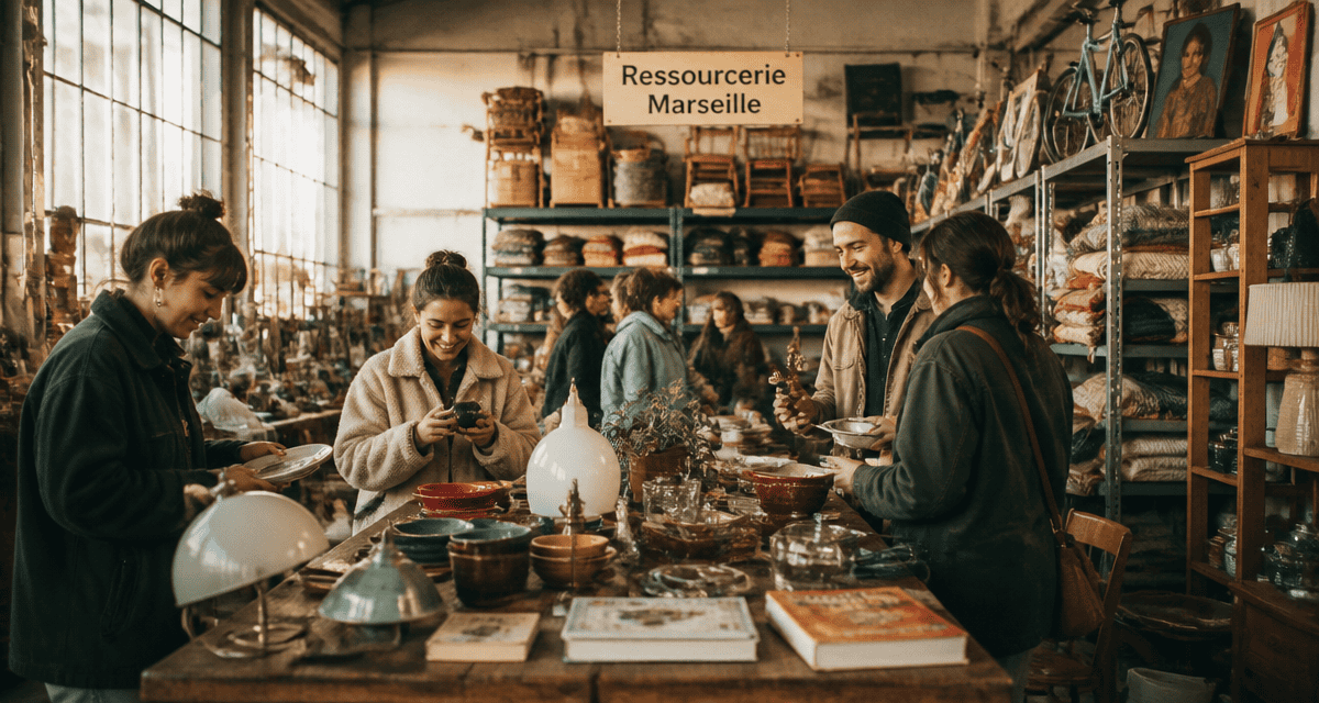 Ressourcerie Marseille table objets seconde main ambiance