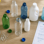 Tri bouteille plastique sur plan de travail avec bac jaune et quiz