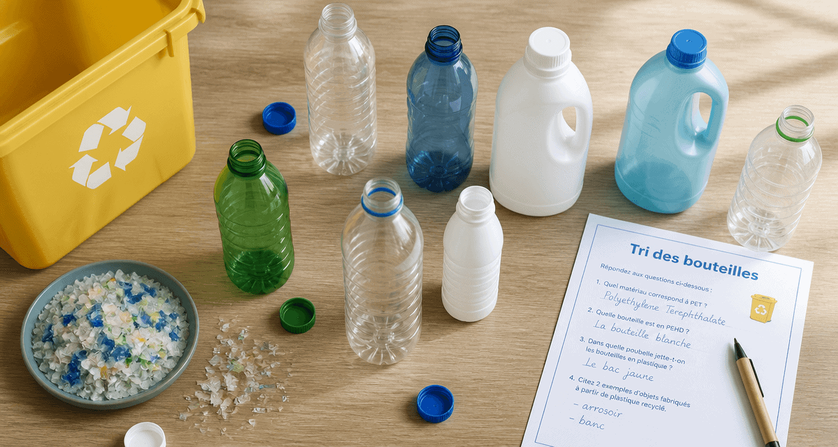 Tri bouteille plastique sur plan de travail avec bac jaune et quiz