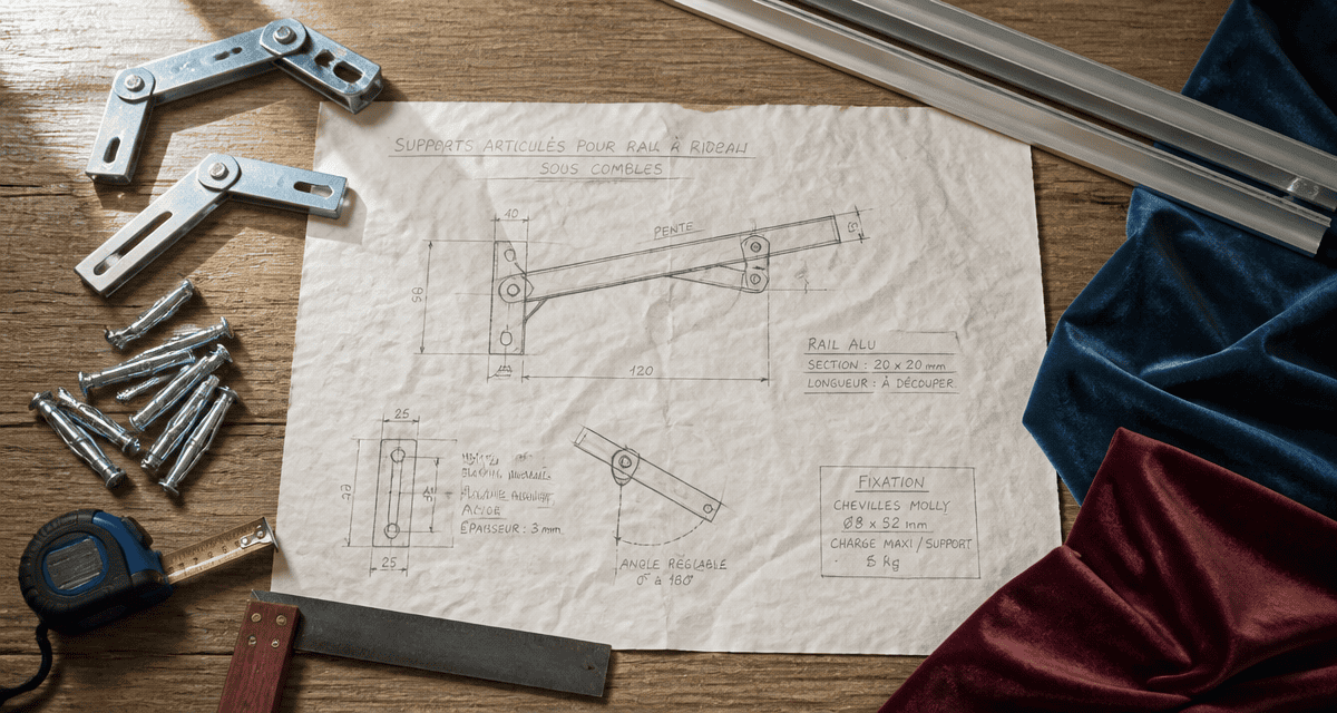 Tringle rideau sous pente, supports articulés et rails sur plan de travail