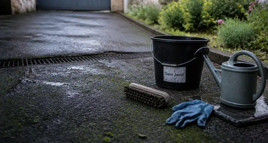 Eau de javel sur enrobé noir avec mousse verdâtre : bitume fragilisé