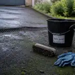 Eau de javel sur enrobé noir avec mousse verdâtre : bitume fragilisé