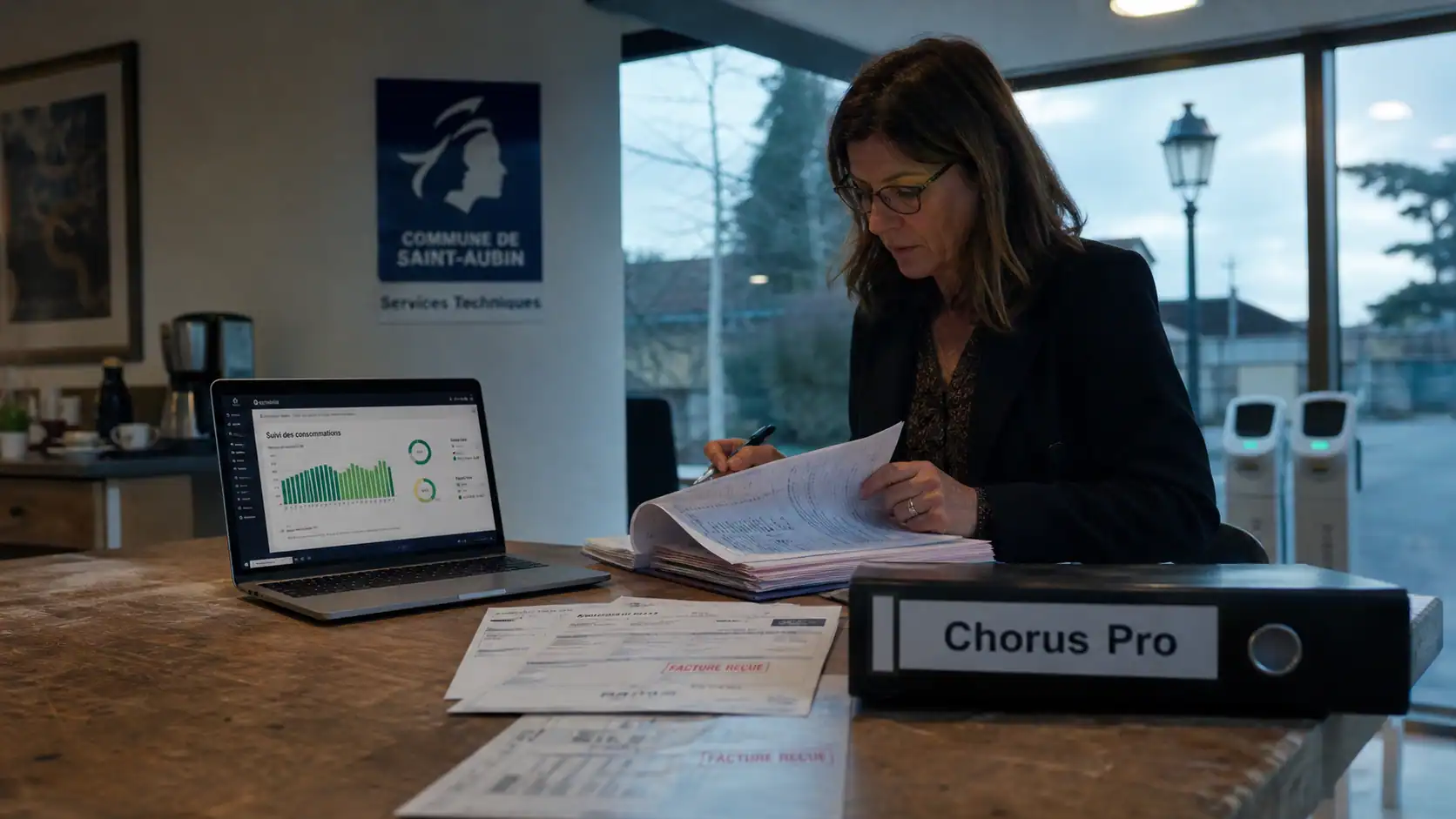 Photo EDF collectivite : mairie, ordinateur, tableaux de bord et Chorus Pro