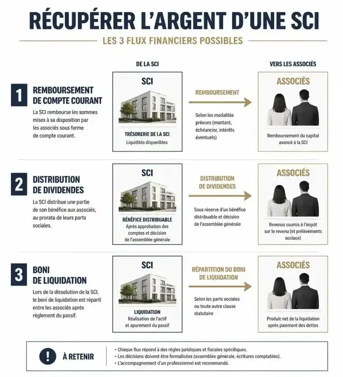 Schéma des méthodes pour récupérer l'argent de la vente d'un bien en SCI
