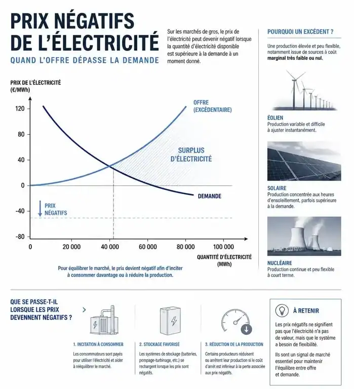 Infographie explicative sur le mécanisme des prix négatifs de l'électricité et l'offre excédentaire sur le marché.