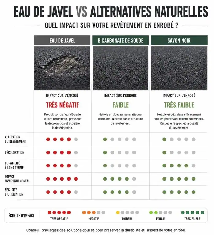 Infographie comparative des méthodes de nettoyage pour enrobé : eau de Javel vs alternatives écologiques
