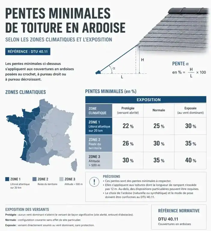 Tableau récapitulatif des pentes minimales pour toiture en ardoise selon le DTU 40.11