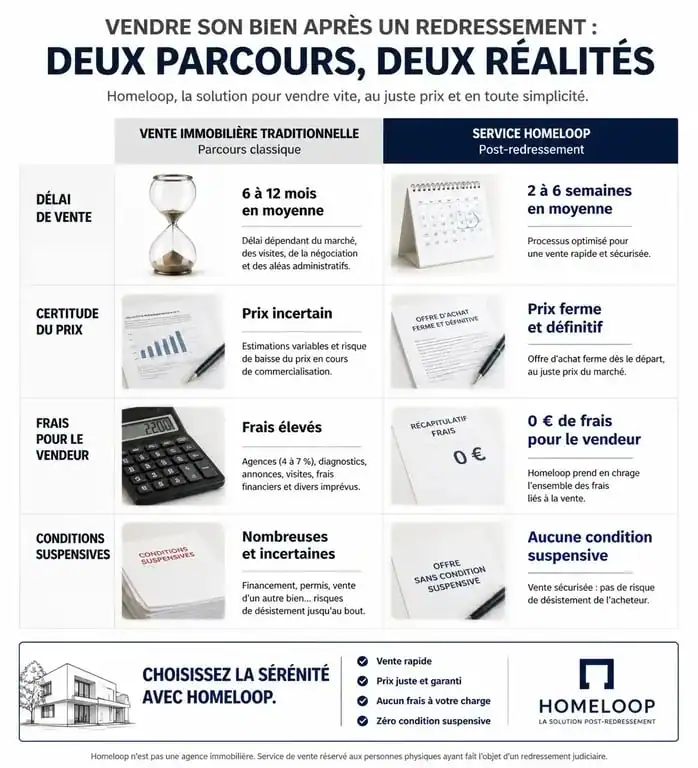 Comparatif vente immobilière traditionnelle et Homeloop redressement judiciaire