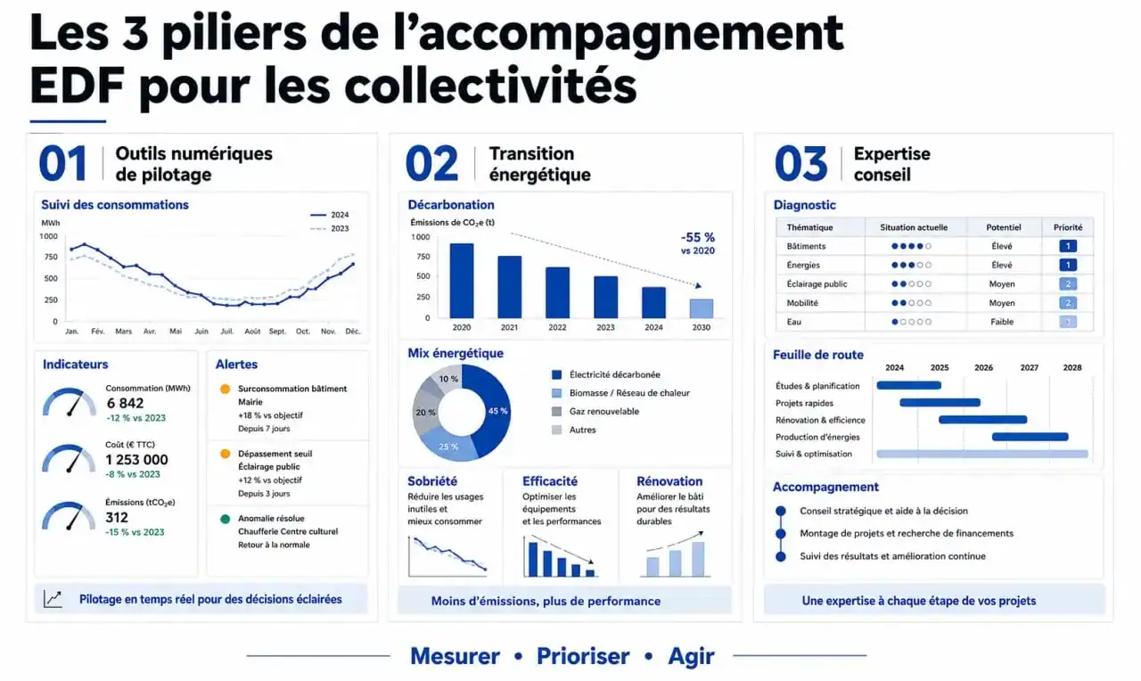 Infographie des services EDF Collectivités : pilotage numérique, transition énergétique et accompagnement des collectivités territoriales