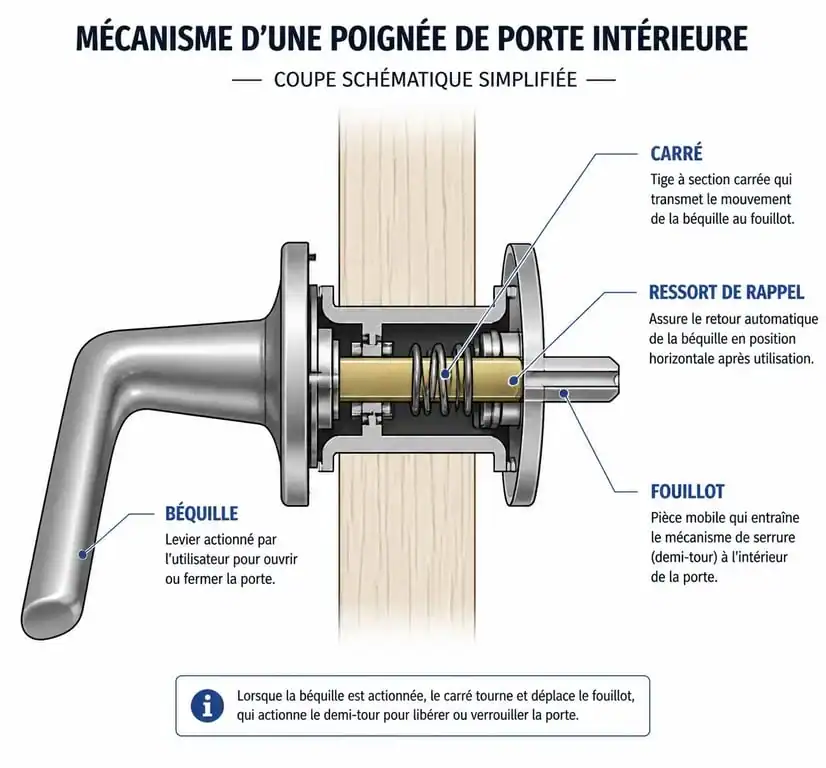 Schéma du mécanisme interne d'une poignée de porte