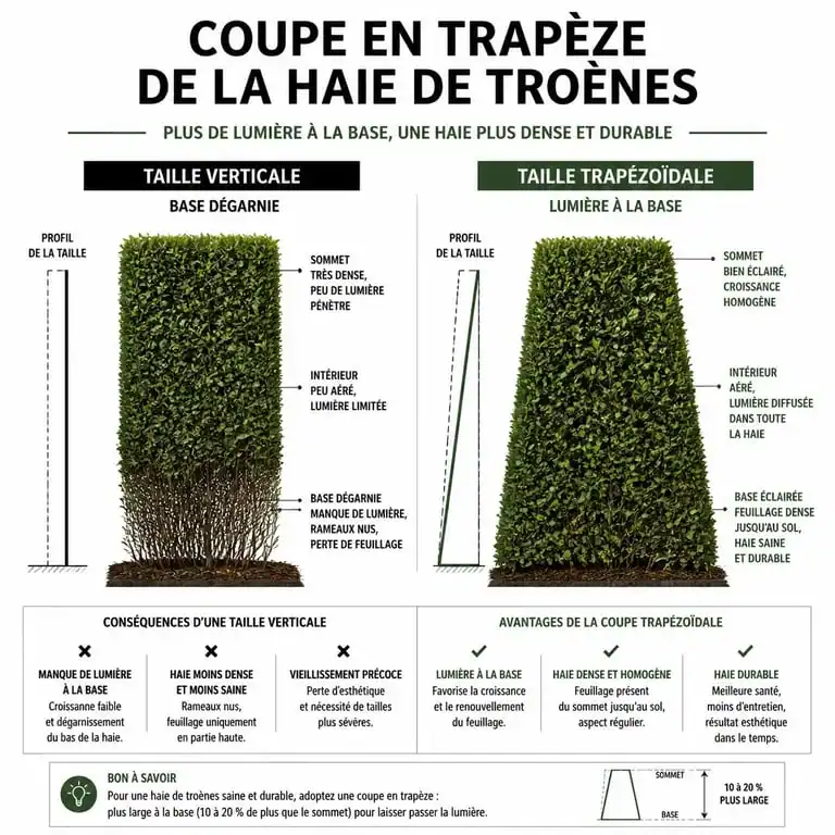 Schéma de taille en trapèze pour densifier une haie de troène dégarnie en bas