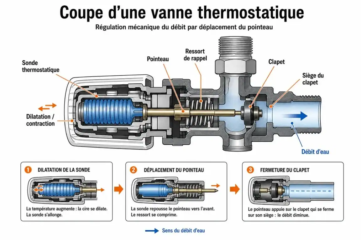 Schéma explicatif du fonctionnement d'une vanne thermostatique