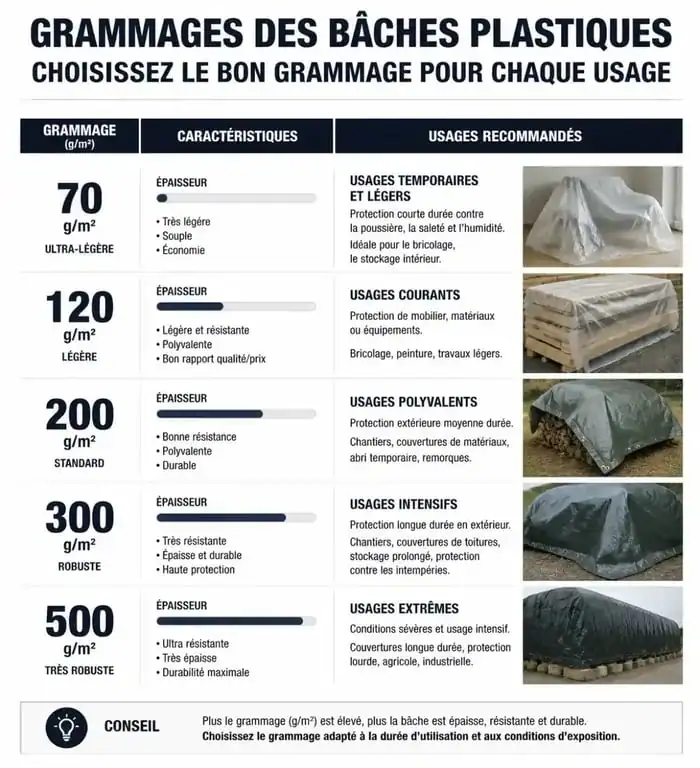 Infographie comparative des grammages de bâche plastique et leurs usages recommandés