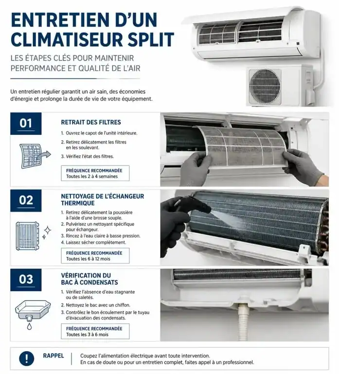 Infographie des étapes de nettoyage d'un climatiseur pour un entretien optimal