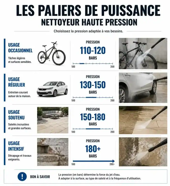 Infographie des paliers de puissance pour choisir son nettoyeur haute pression Karcher selon l'usage
