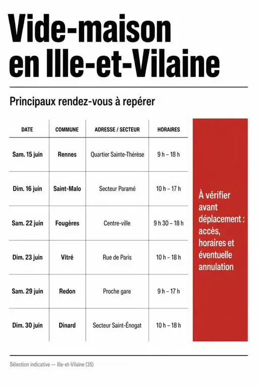 Calendrier des principaux événements de vide maison 35 en Ille-et-Vilaine