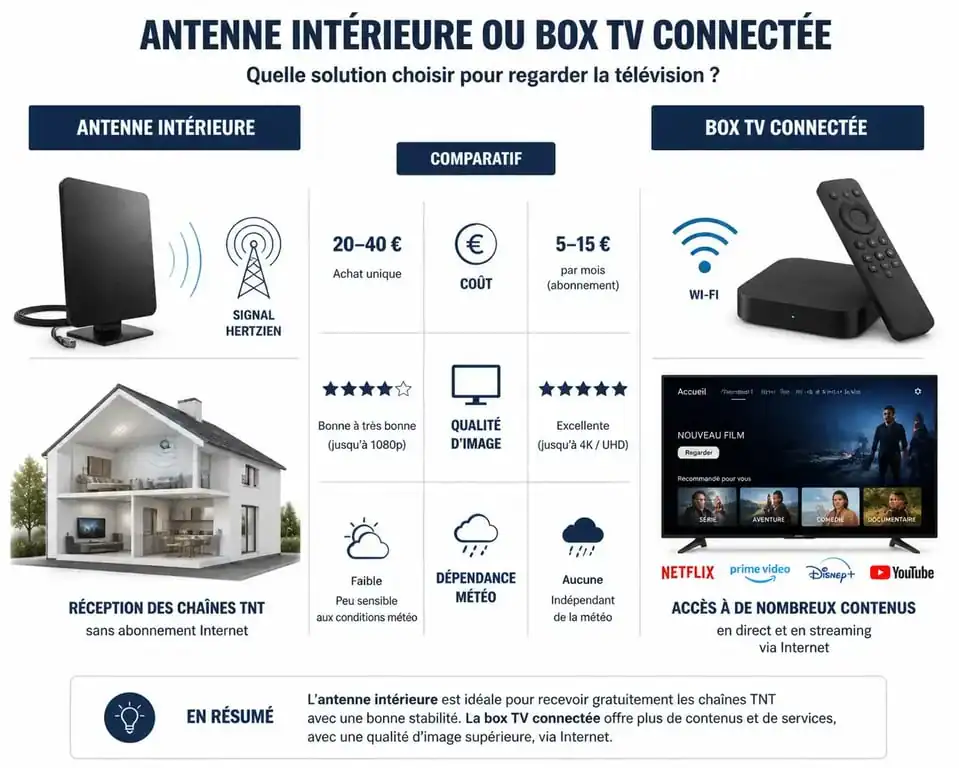 Comparatif des solutions pour recevoir la TNT sans antenne extérieure : antenne intérieure vs box TV connectée