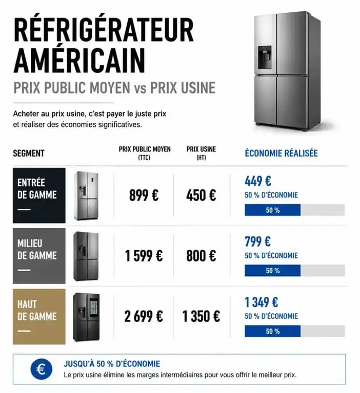 Comparatif des économies réalisées sur un frigo américain prix usine par rapport au prix public en magasin