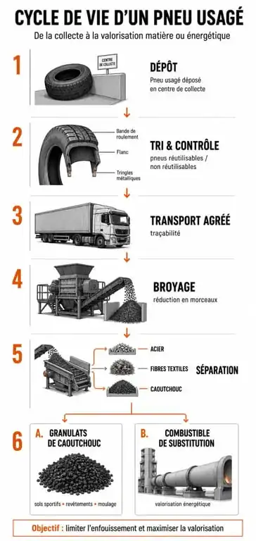 Infographie sur la récupération des pneus usagés et leur recyclage