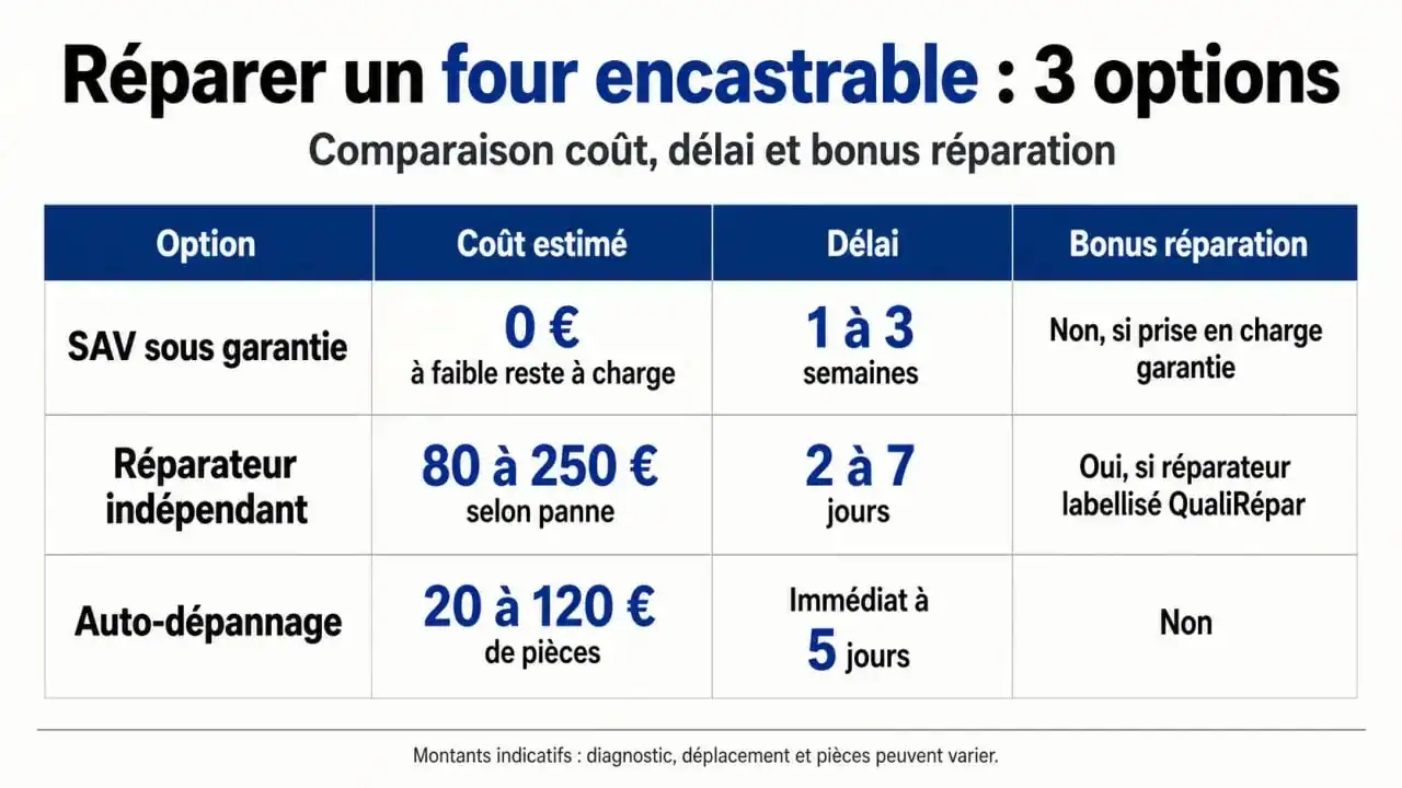 Infographie comparative des options de réparation pour four encastrable : coûts, délais et éligibilité au bonus réparation.