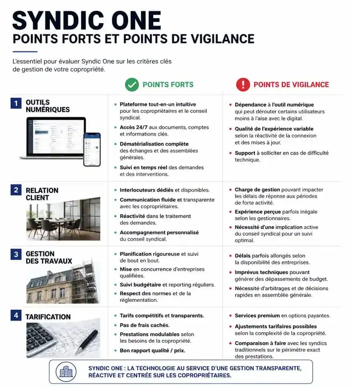 Tableau comparatif des avis sur Syndic One : points forts et points de vigilance pour la gestion de copropriété.