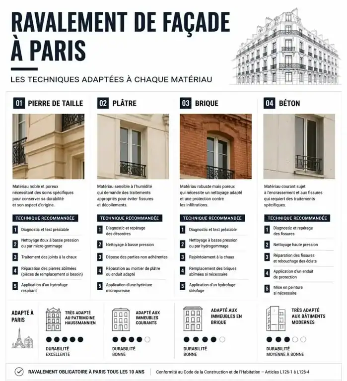 Infographie des techniques de ravalement de façade à Paris selon les matériaux