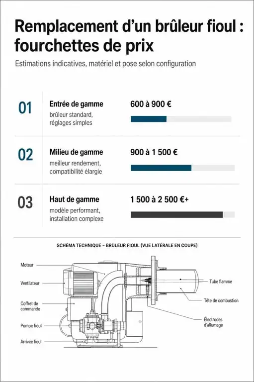 Infographie comparative des prix de remplacement d'un brûleur fioul selon la gamme et la technologie