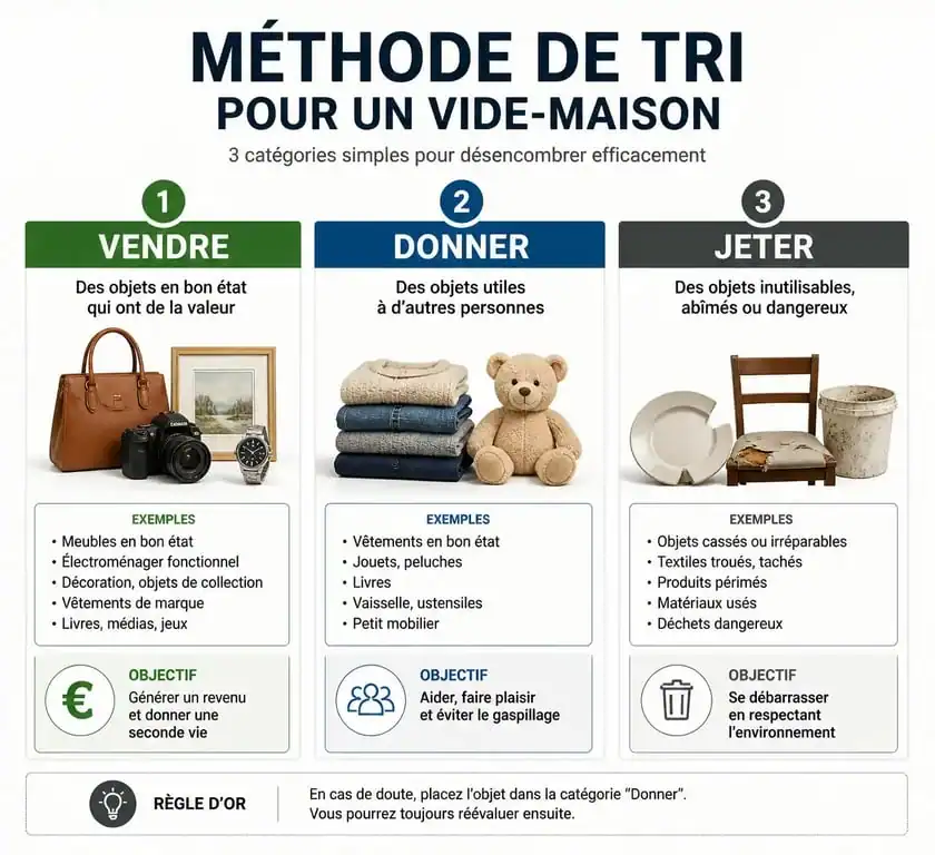 Infographie sur la méthode de tri pour organiser un vide maison 34 efficace : vendre, donner ou jeter ses objets.