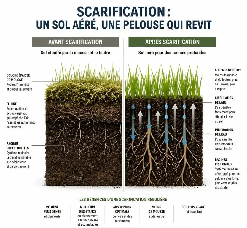 Schéma explicatif du fonctionnement d'un scarificateur sur la santé du sol et de la pelouse