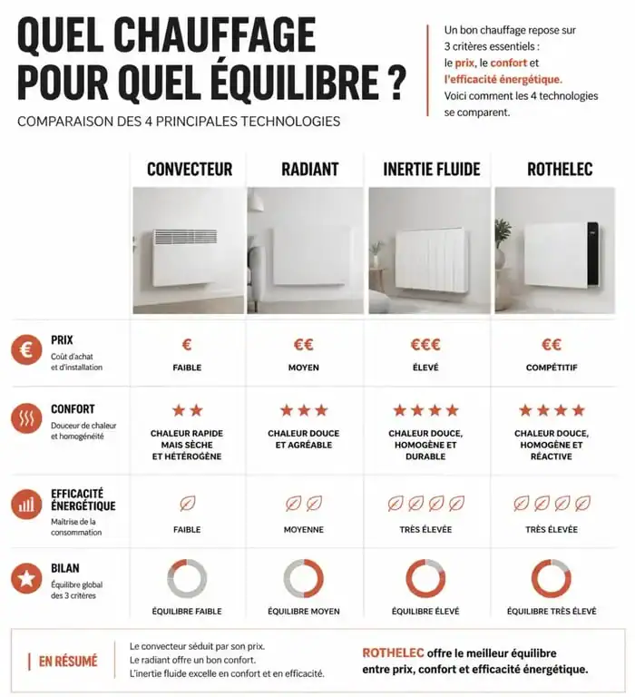 Comparatif des technologies de chauffage et prix radiateur Rothelec