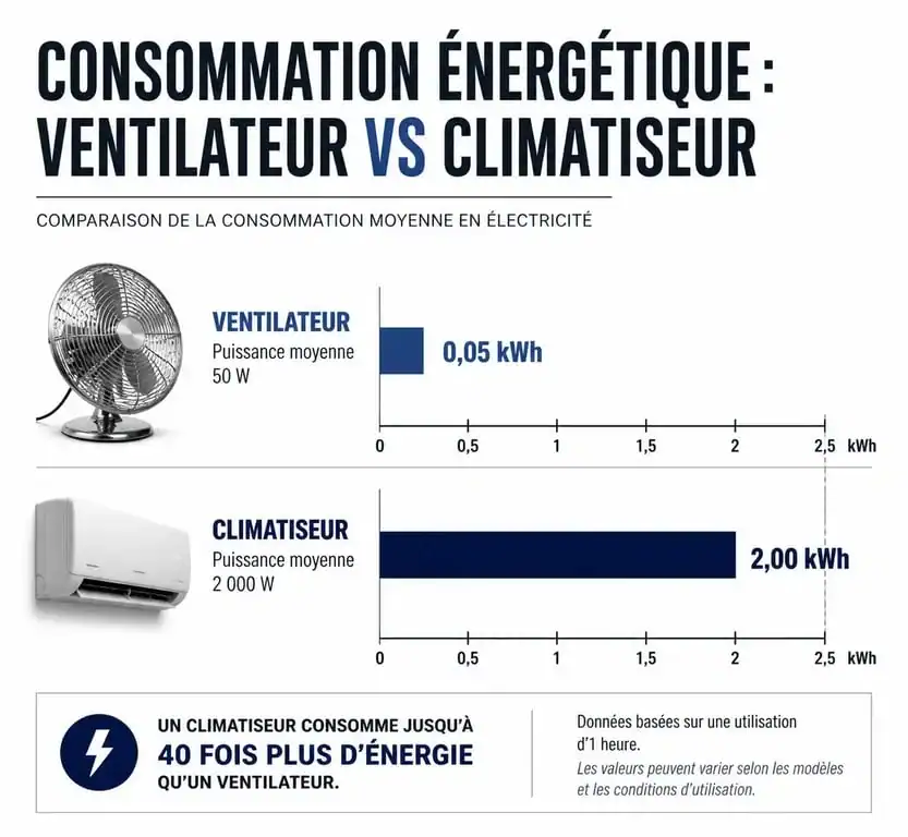 Infographie comparative de la consommation électrique entre un ventilateur et un climatiseur pour évaluer la consommation ventilateur