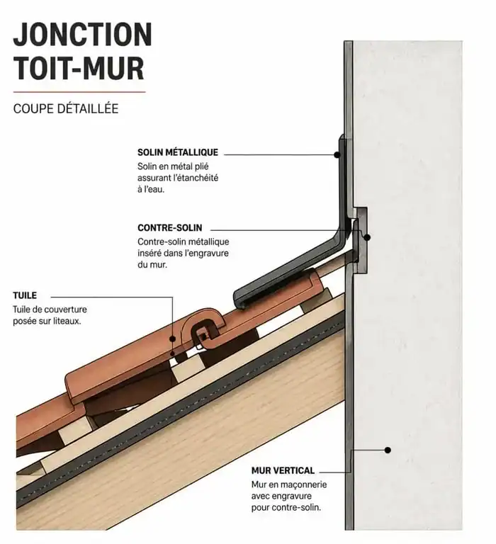 Schéma technique d'une jonction toit-mur avec solin et contre-solin pour une étanchéité optimale