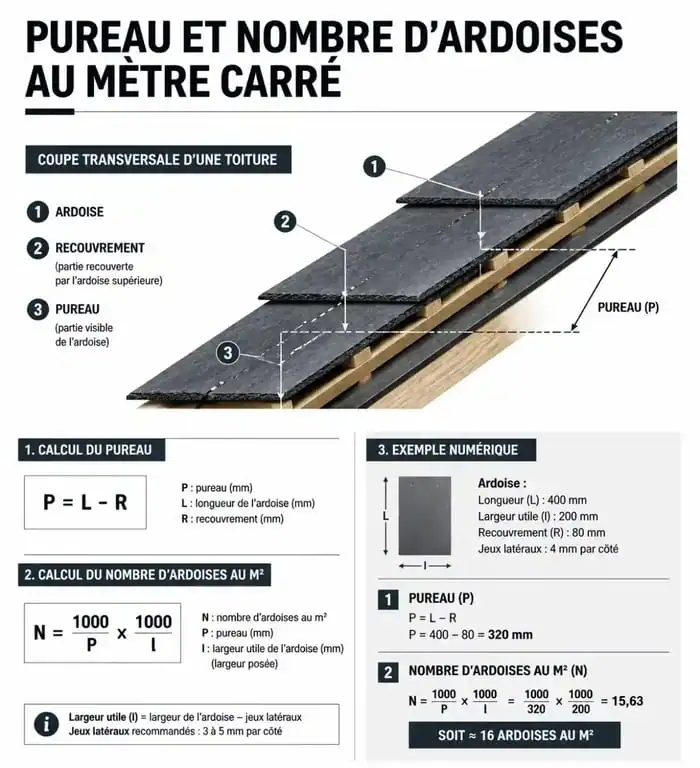 Schéma explicatif du calcul du nombre d'ardoises au m2 pour une toiture