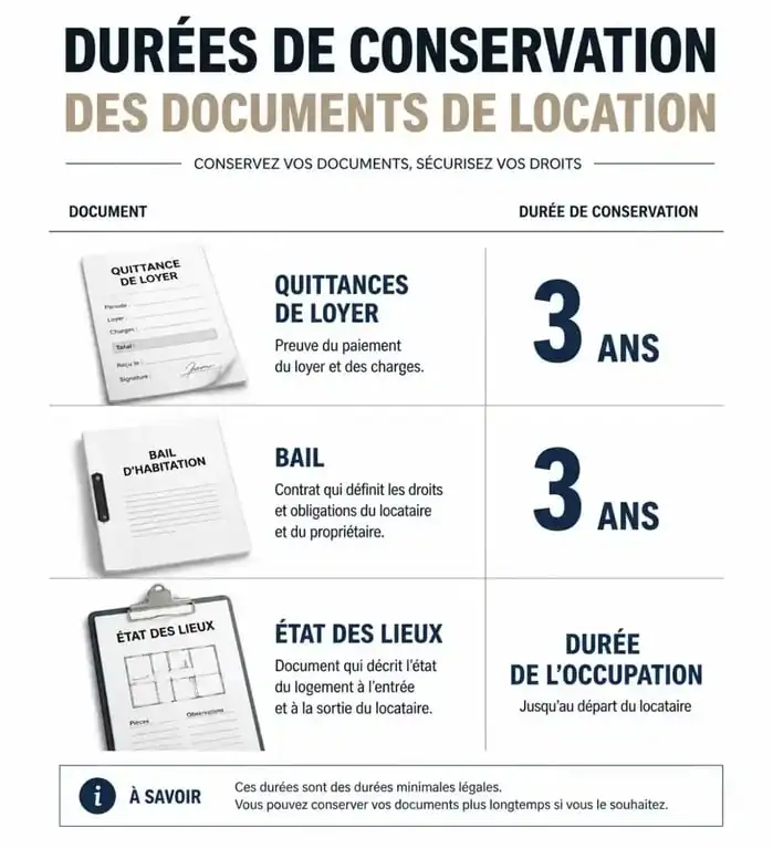 Infographie des durées de conservation des documents de location HLM : combien de temps garder ses quittances de loyer