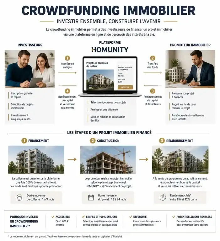Schéma explicatif du fonctionnement du crowdfunding immobilier avec Homunity