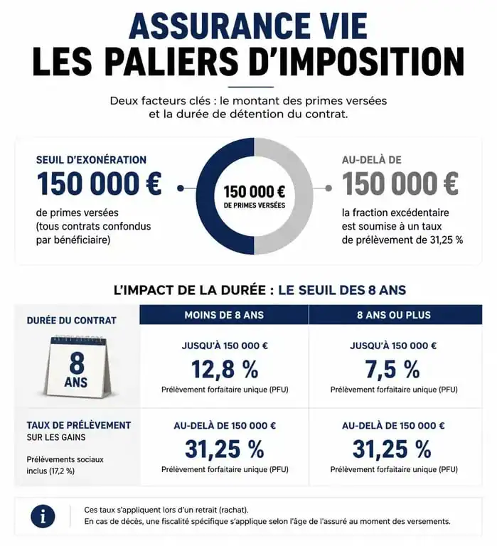 Infographie des taux de la flat tax assurance vie selon les seuils et l'ancienneté