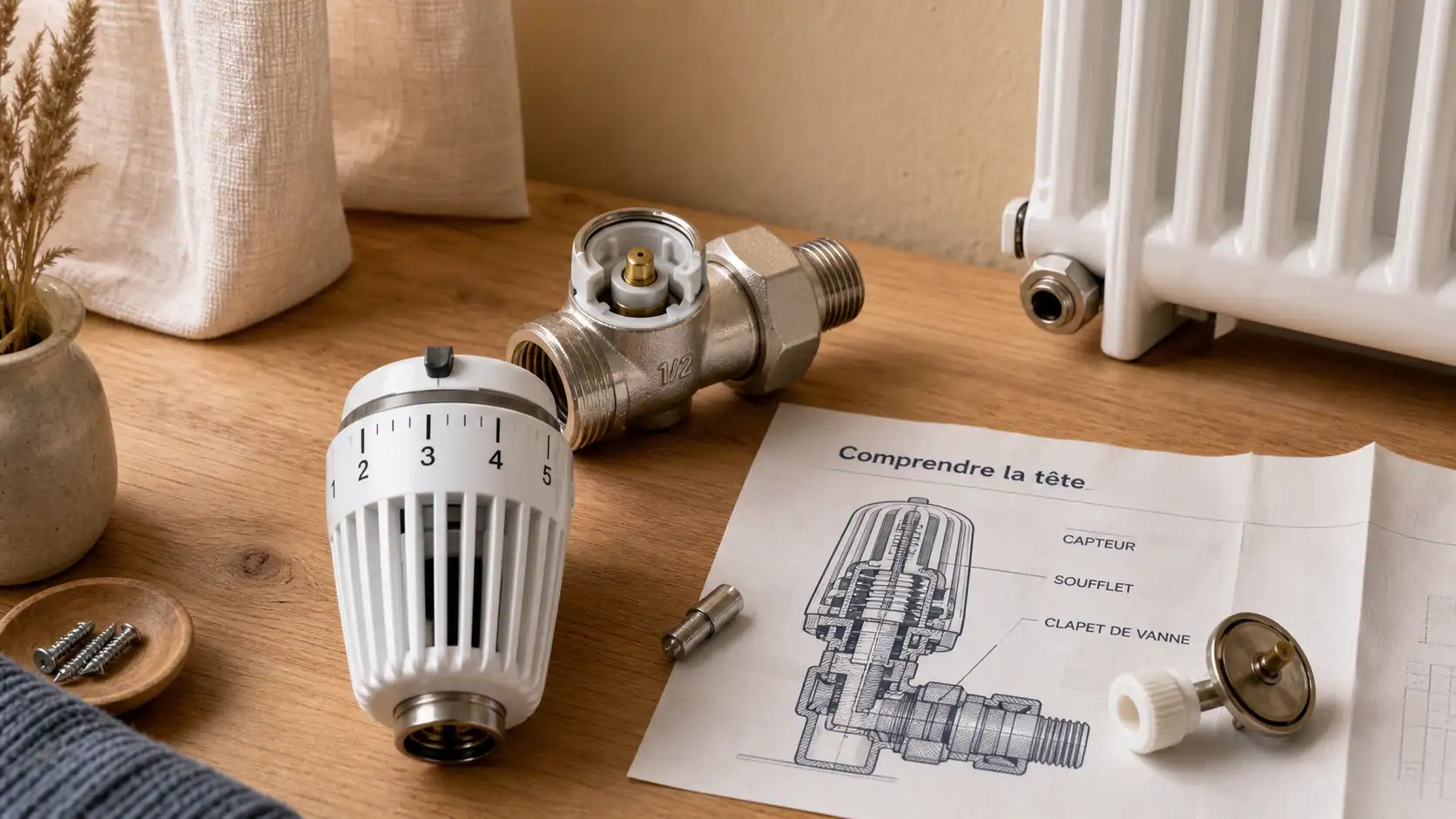 Fonctionnement vanne thermostatique : tête thermostatique et réglage sur radiateur