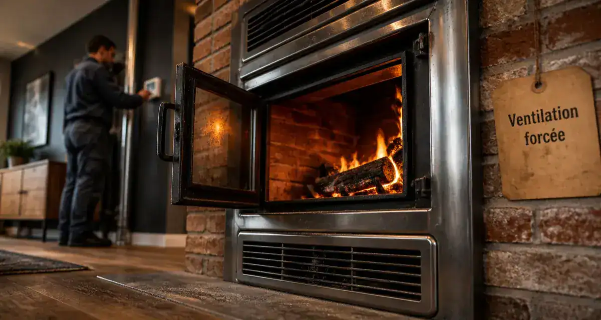 Insert avec ventilateur fonctionnement : grille de convection et flammes