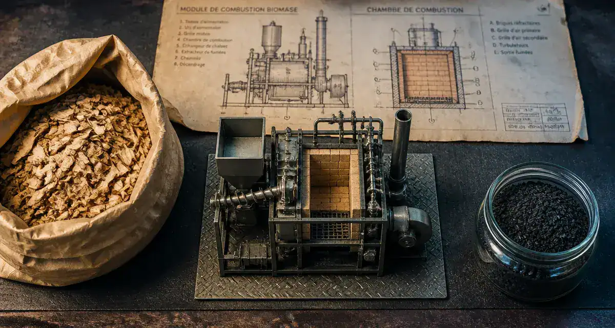 Mini green power : maquette de centrale biomasse locale sur tapis industriel