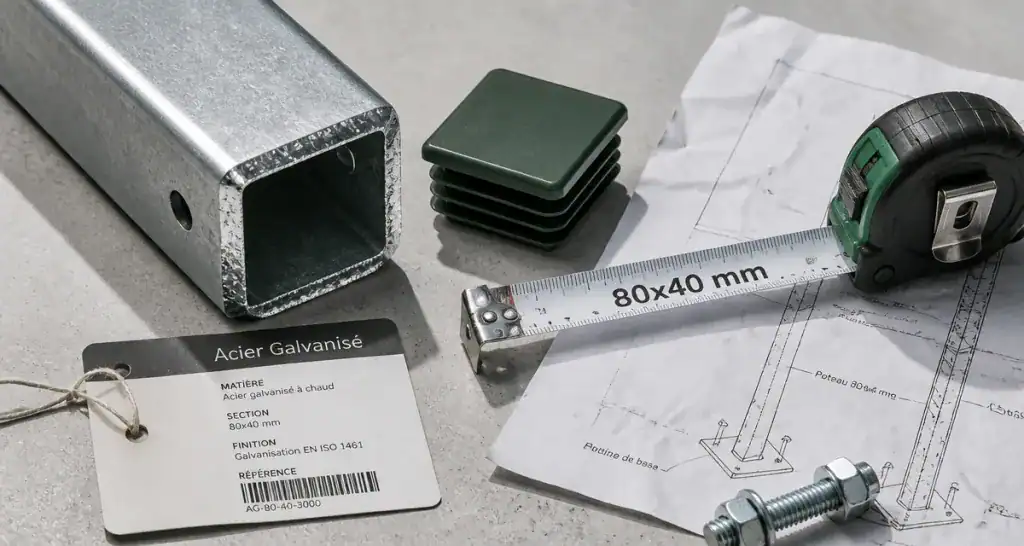 poteau acier galvanisé extrémité zinc et accessoires