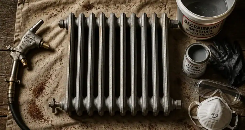 Radiateur sablage fonte : métal gris nu après ponçage