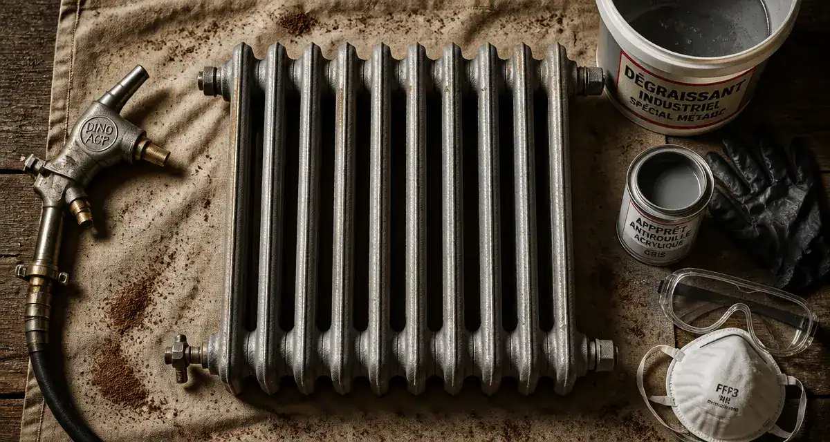 Radiateur sablage fonte : métal gris nu après ponçage