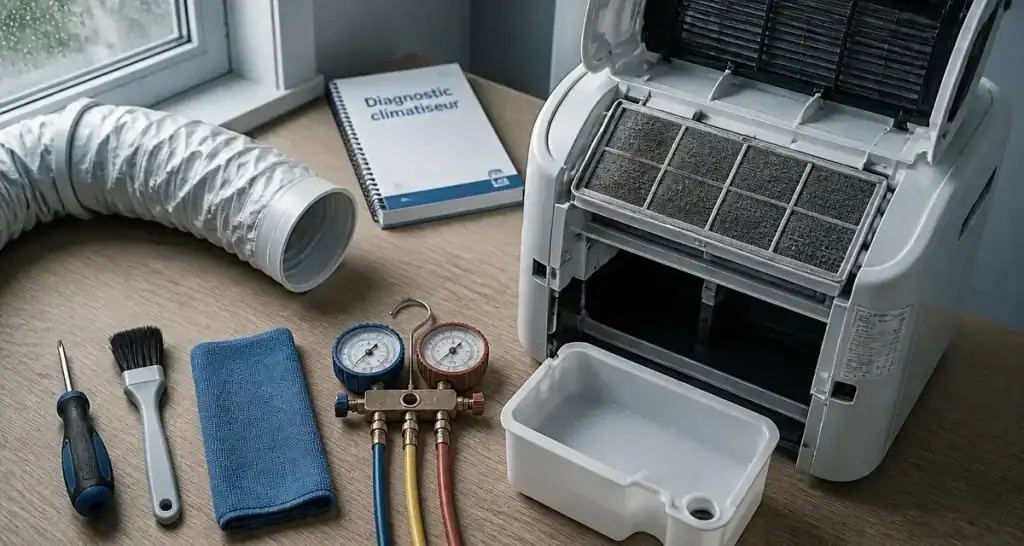 Réparation climatiseur mobile : ouvert, filtres et gaine à vérifier