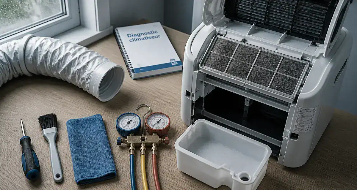 Réparation climatiseur mobile : ouvert, filtres et gaine à vérifier