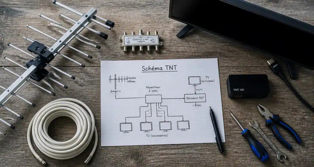 schéma branchement tnt tv flat-lay table