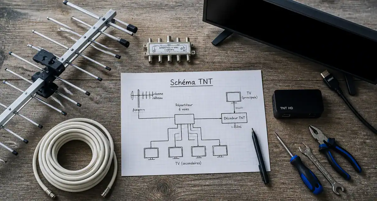 schéma branchement tnt tv flat-lay table