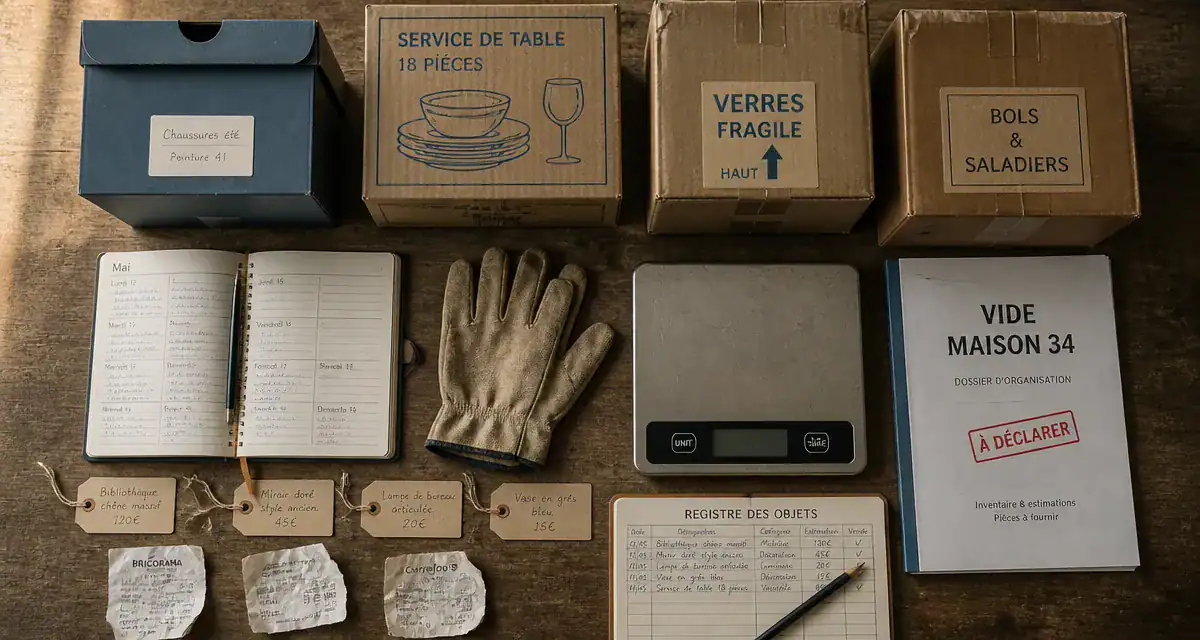 Vide maison 34 : débarras en 3 étapes, cartons et documents sur table