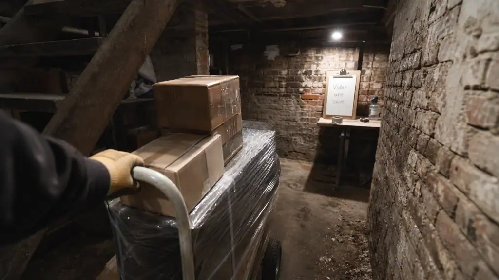 Vider cave : évacuation d’encombrants dans une cave, chariot et cartons